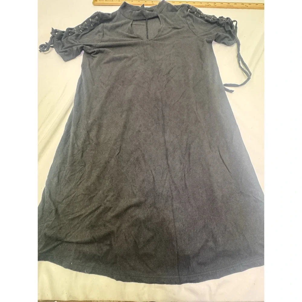 T Shirt Dress Women Cutout Black Ribbon Lace Up Slve Knee Length Western Size S‎
